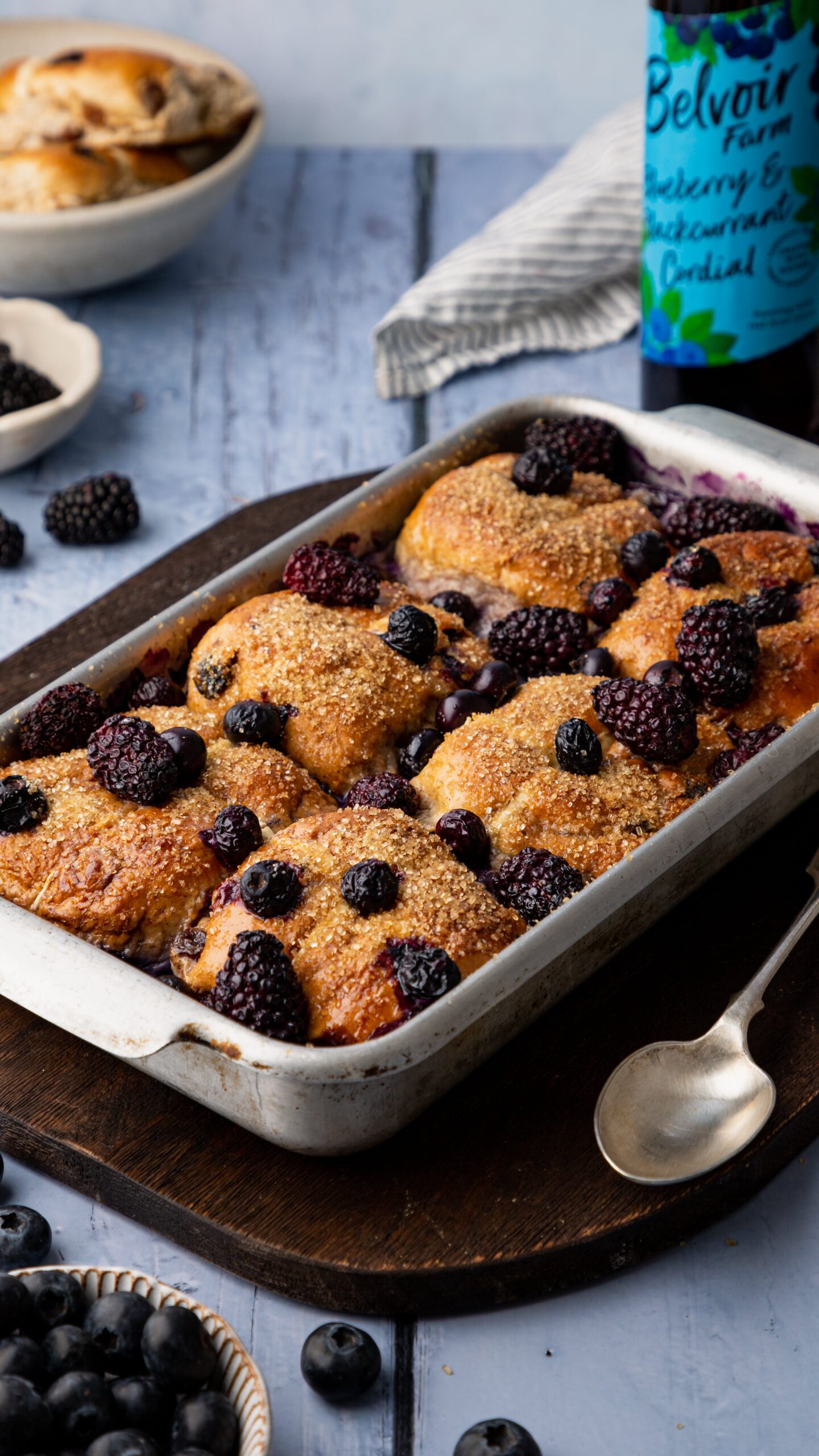 Blueberry and Blackcurrant Hot Cross Bun and Butter Pudding