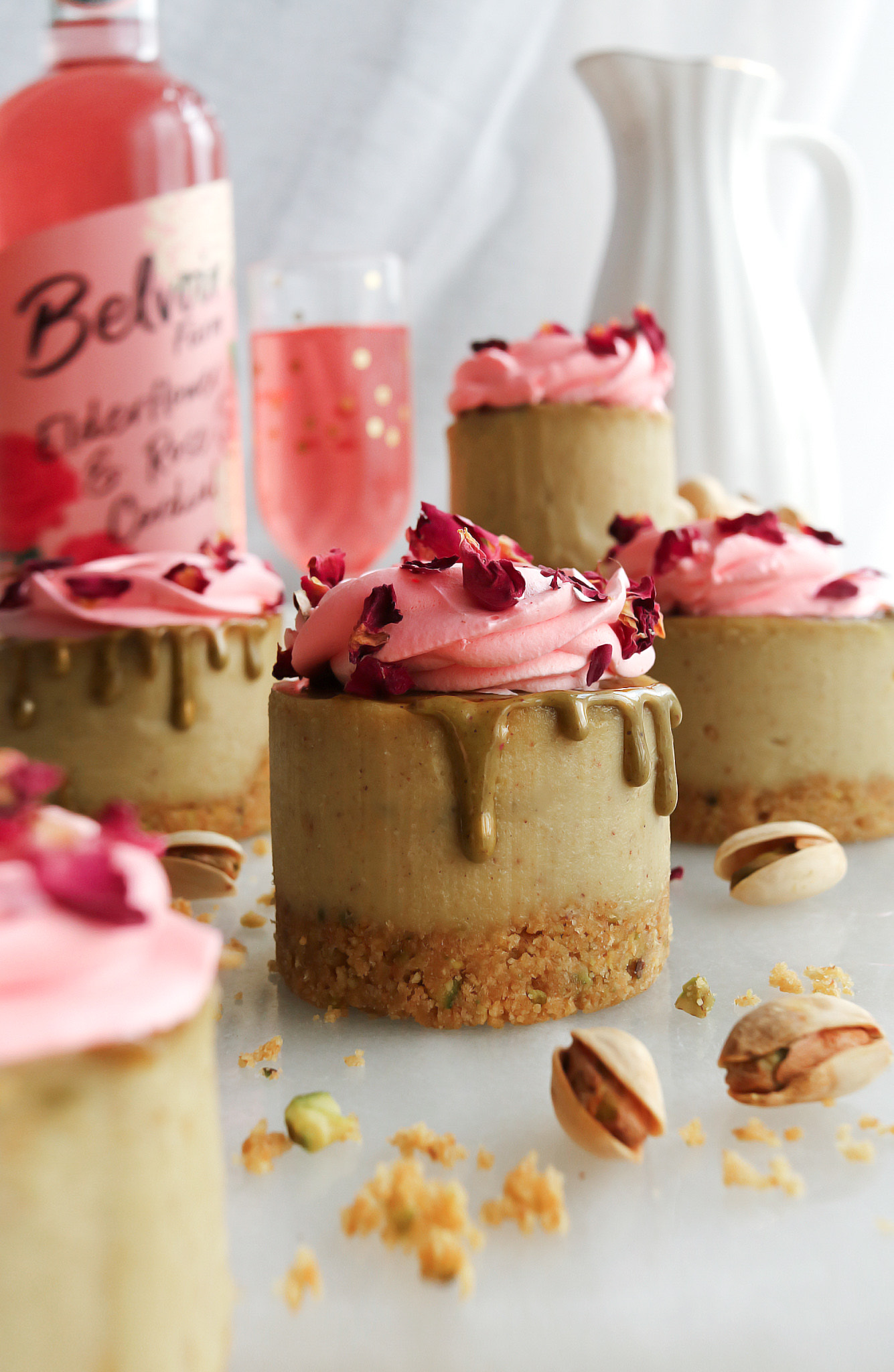 Pistachio, Elderflower and Rose Cheesecakes