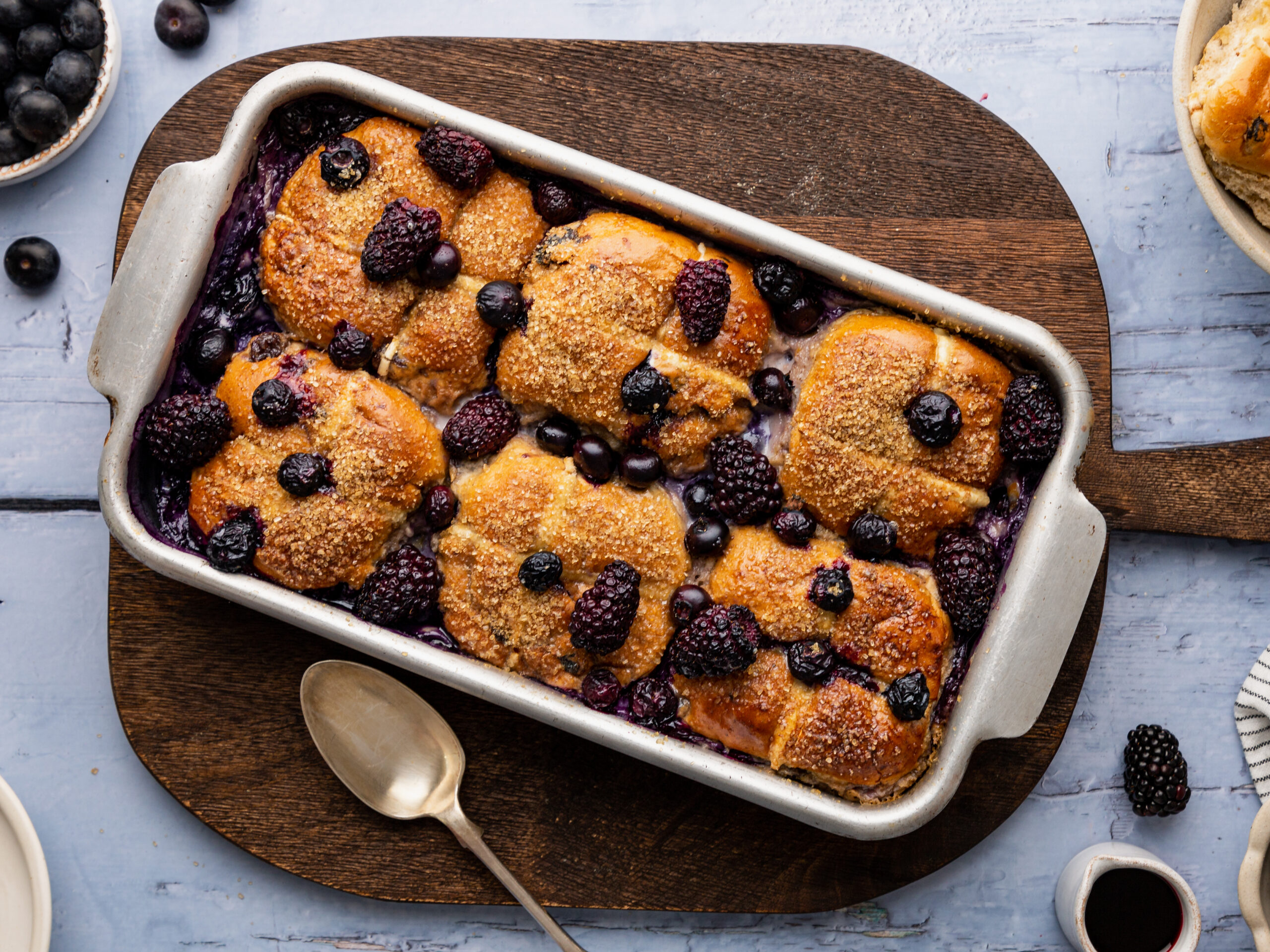blueberry and blackcurrant hot cross bun pudding