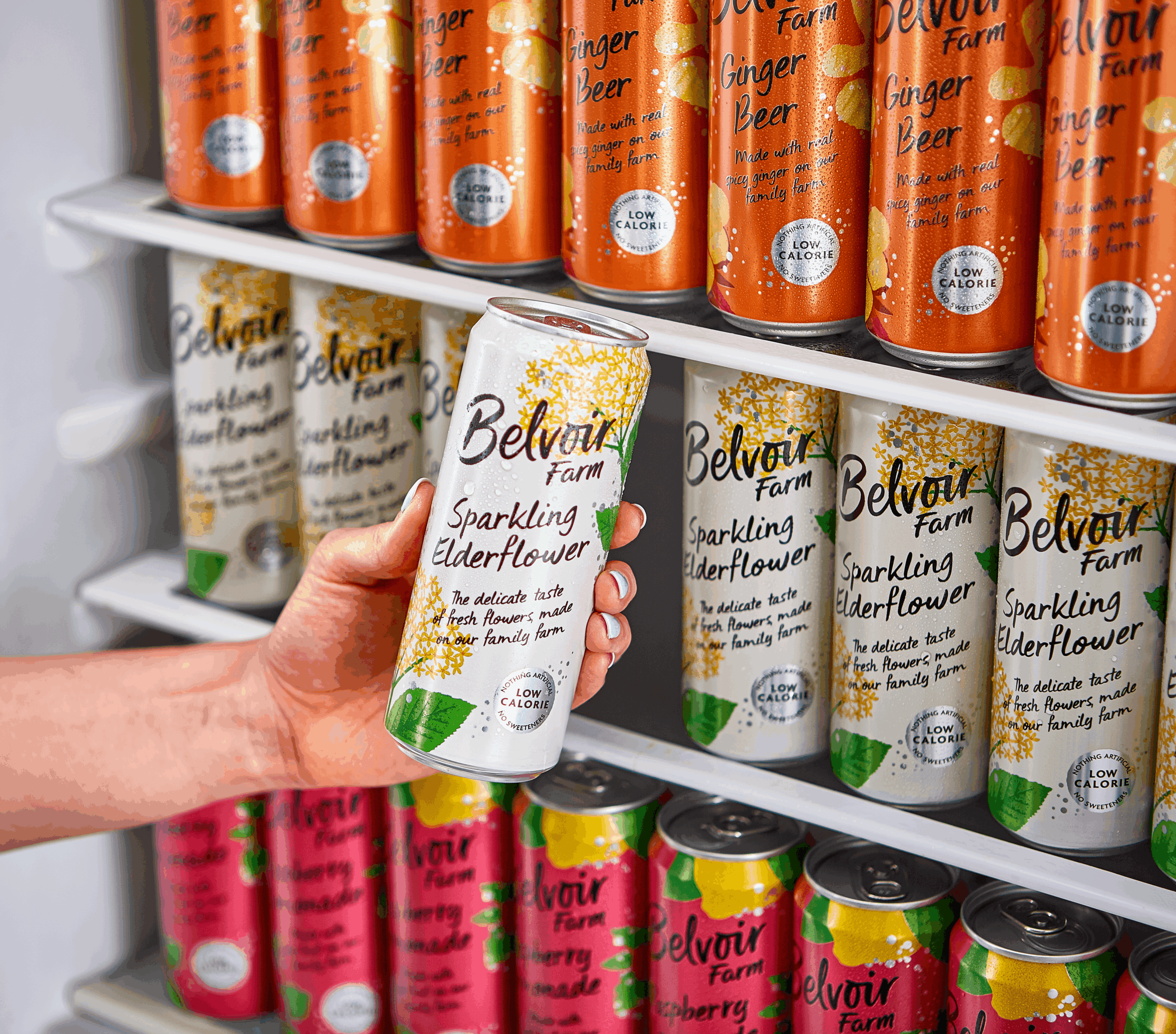 belvoir farm sparkling cans in a fridge